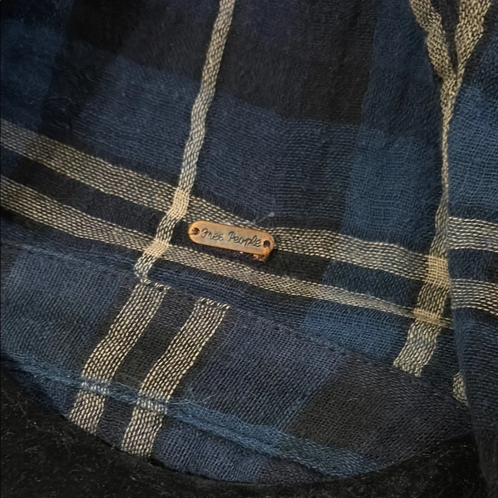 Free People Blue, Tan, White Embellished Button Down Plaid Shirt - Picture 2 of 8